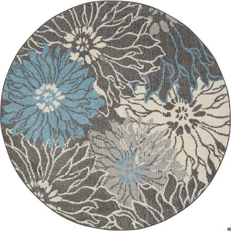 Homeroots 4 ft. Round Charcoal & Blue Big Flower Area Rug 385413